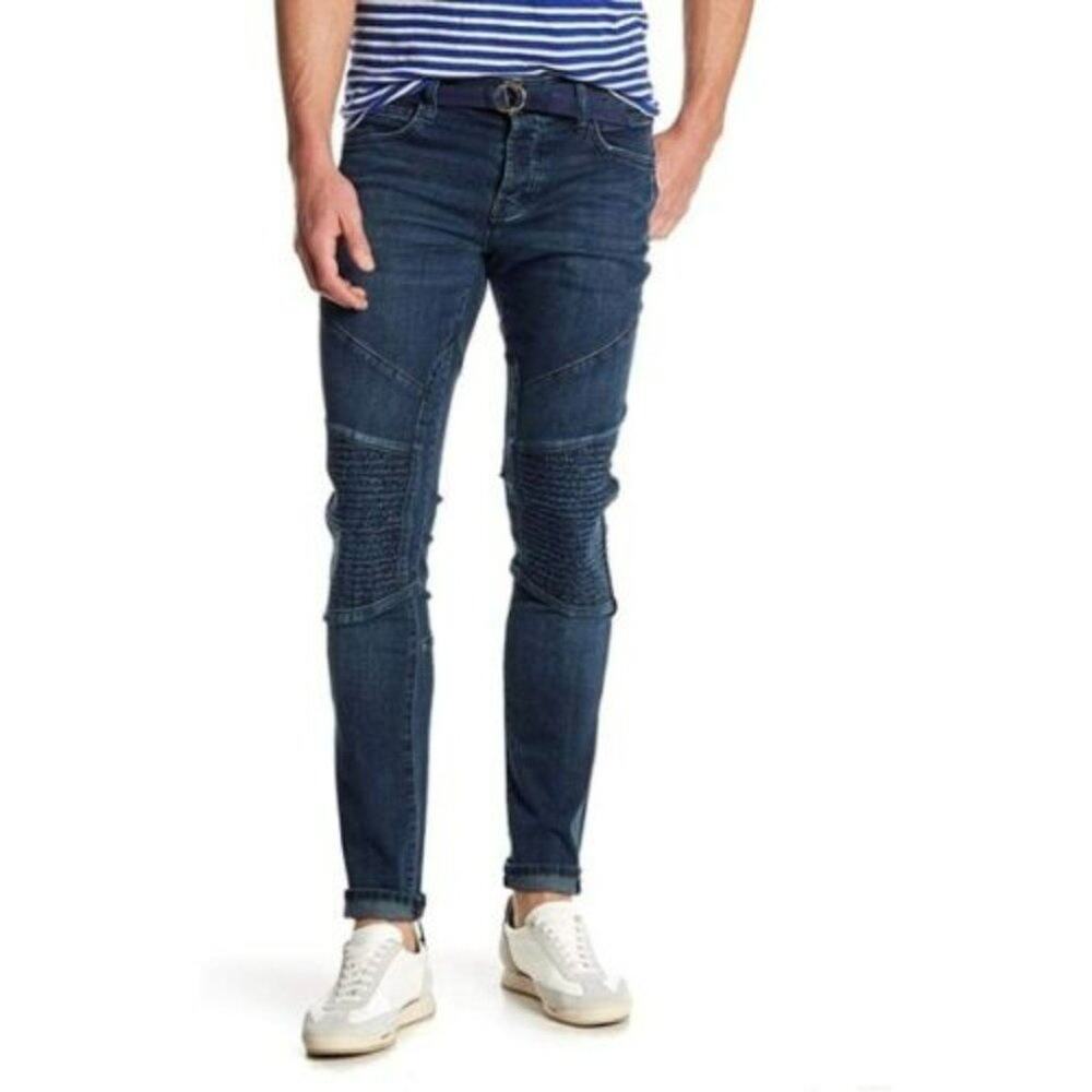 J Brand Bearden Slim Fit Jeans Men 36X33 Moto Quilted Knee Button Fly Blue Denim
